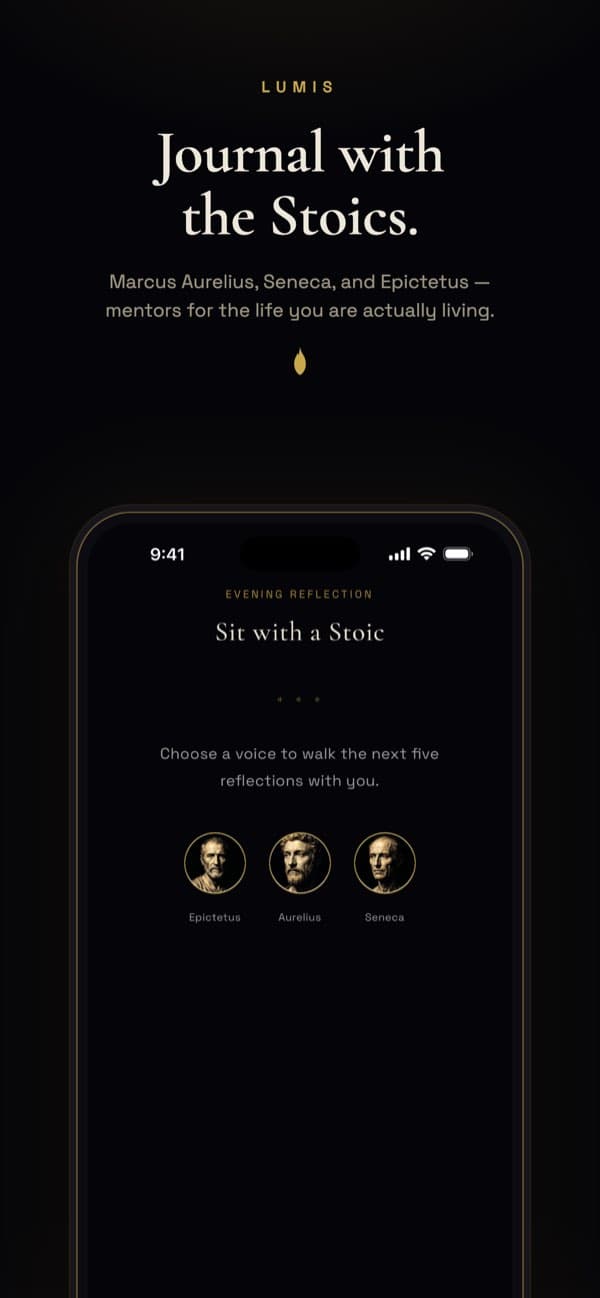 The Lumis journal open on a phone at night, a mentor conversation underway.